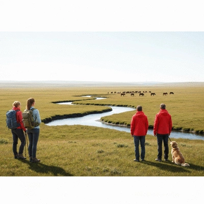 Group of hikers respectfully observing wildlife from a distance in a beautiful natural setting